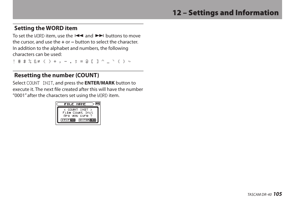 Setting the word item, Resetting the number (count), Setting the word item resetting the number (count) | 12 – settings and information | Teac DR-40 User Manual | Page 105 / 120