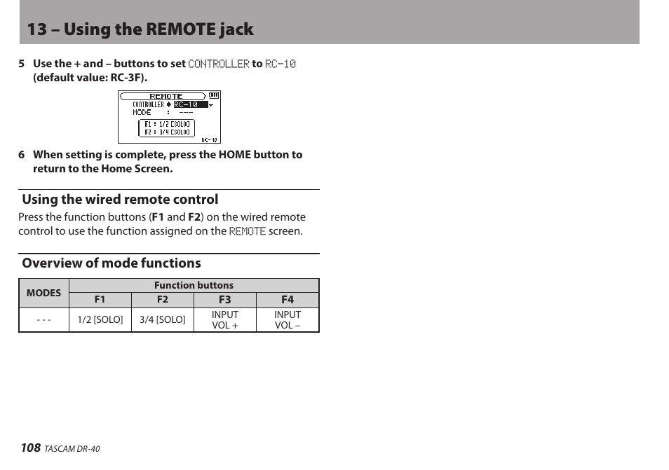 Using the wired remote control, Overview of mode functions, 13 – using the remote jack | Teac DR-40 User Manual | Page 108 / 120