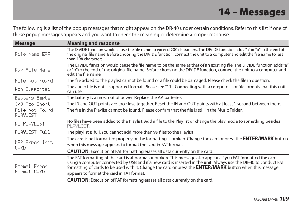 14 – messages | Teac DR-40 User Manual | Page 109 / 120