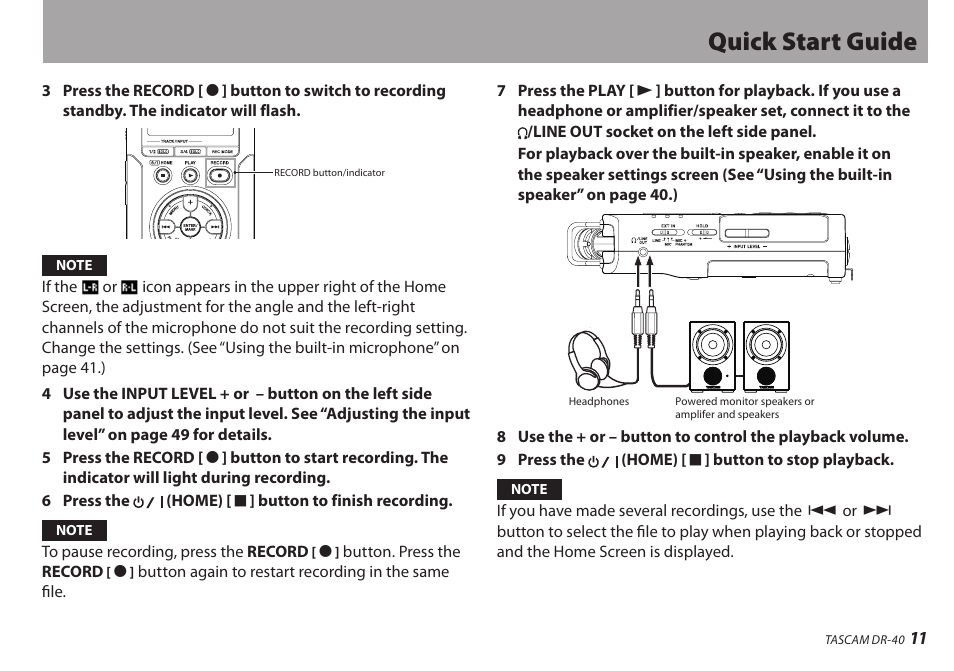 Quick start guide | Teac DR-40 User Manual | Page 11 / 120