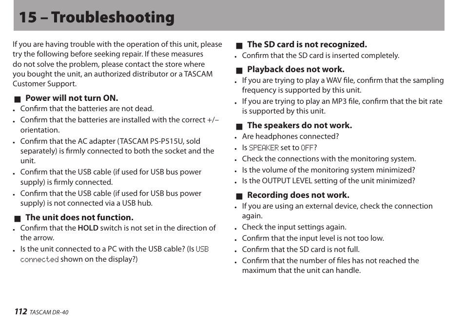 15 – troubleshooting | Teac DR-40 User Manual | Page 112 / 120