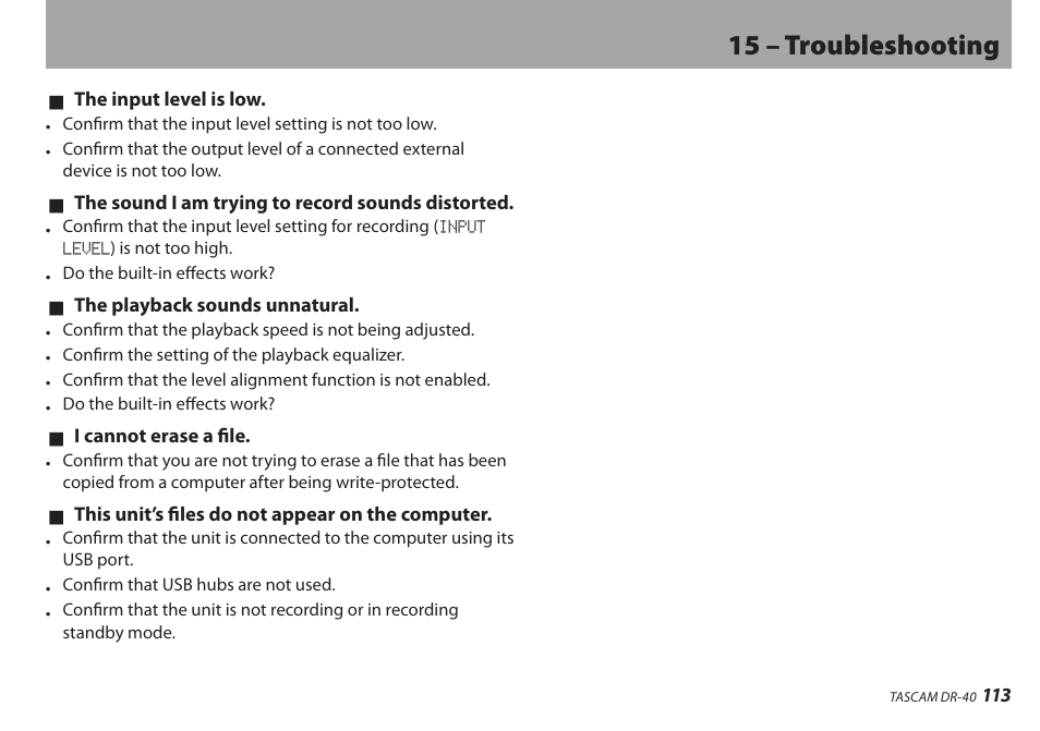 15 – troubleshooting | Teac DR-40 User Manual | Page 113 / 120