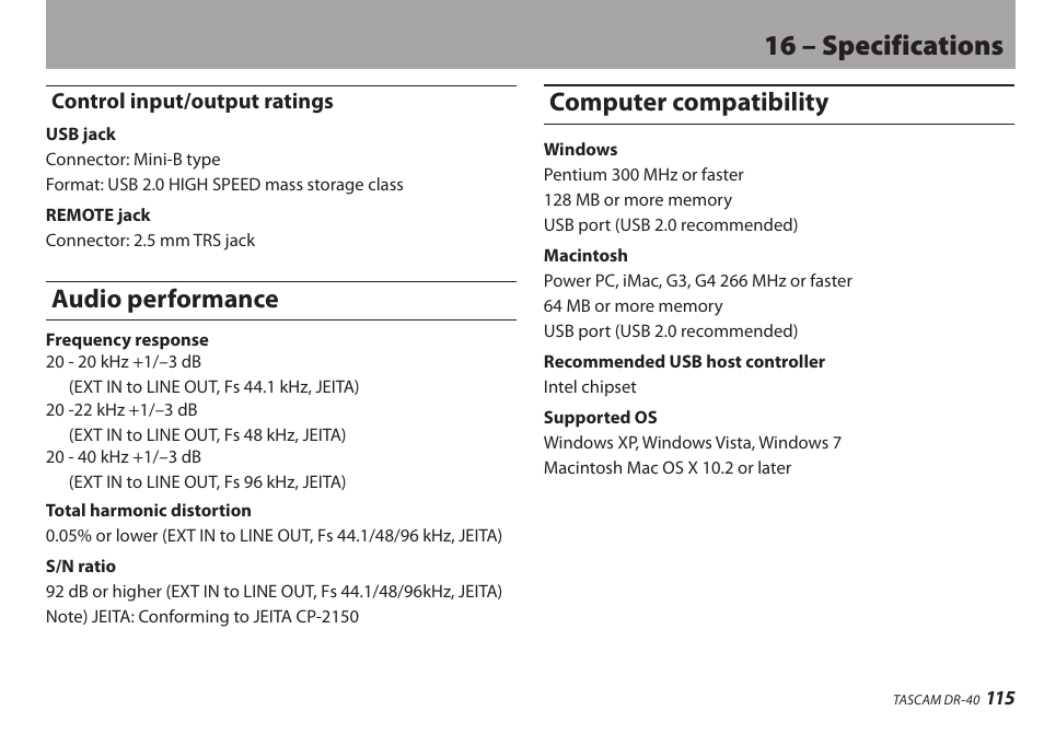 Control input/output ratings, Audio performance, Computer compatibility | Audio performance computer compatibility, 16 – specifications | Teac DR-40 User Manual | Page 115 / 120