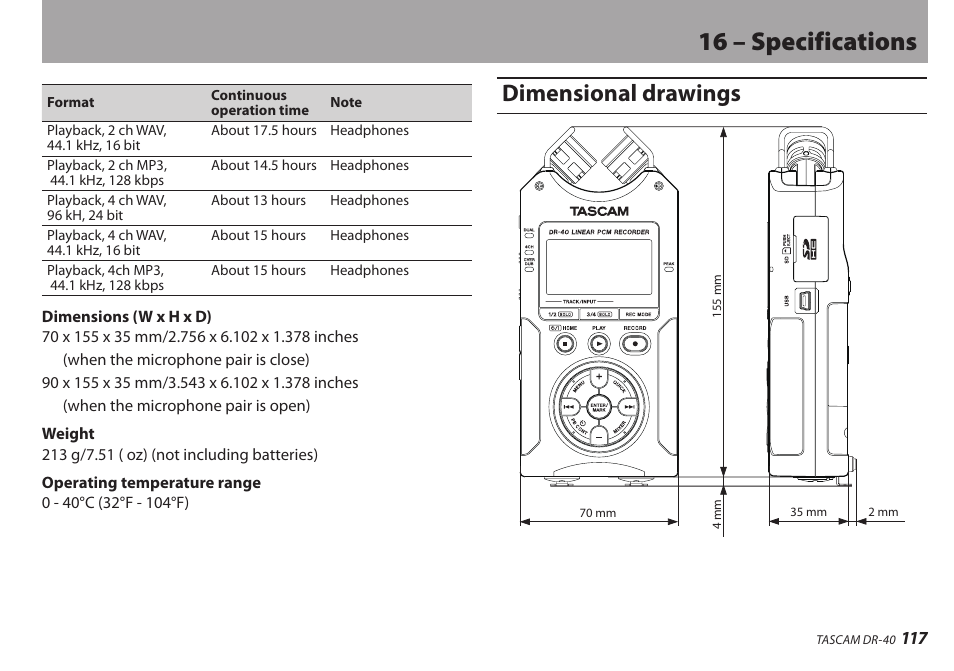 Dimensional drawings, 16 – specifications | Teac DR-40 User Manual | Page 117 / 120