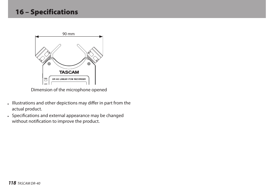 16 – specifications | Teac DR-40 User Manual | Page 118 / 120