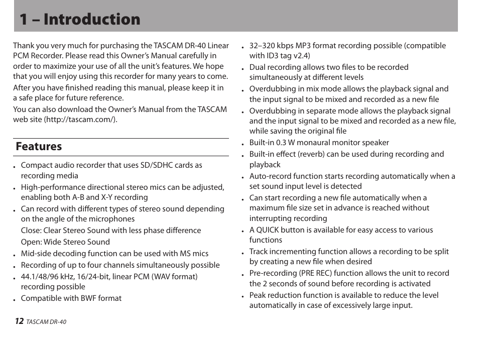 1 – introduction, Features | Teac DR-40 User Manual | Page 12 / 120