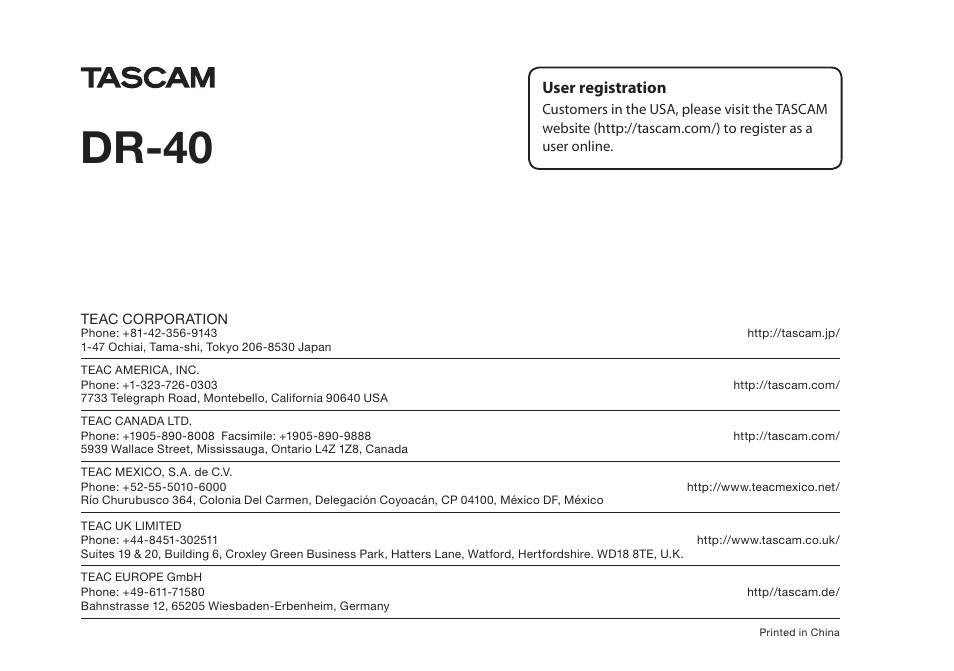 Dr-40, User registration | Teac DR-40 User Manual | Page 120 / 120