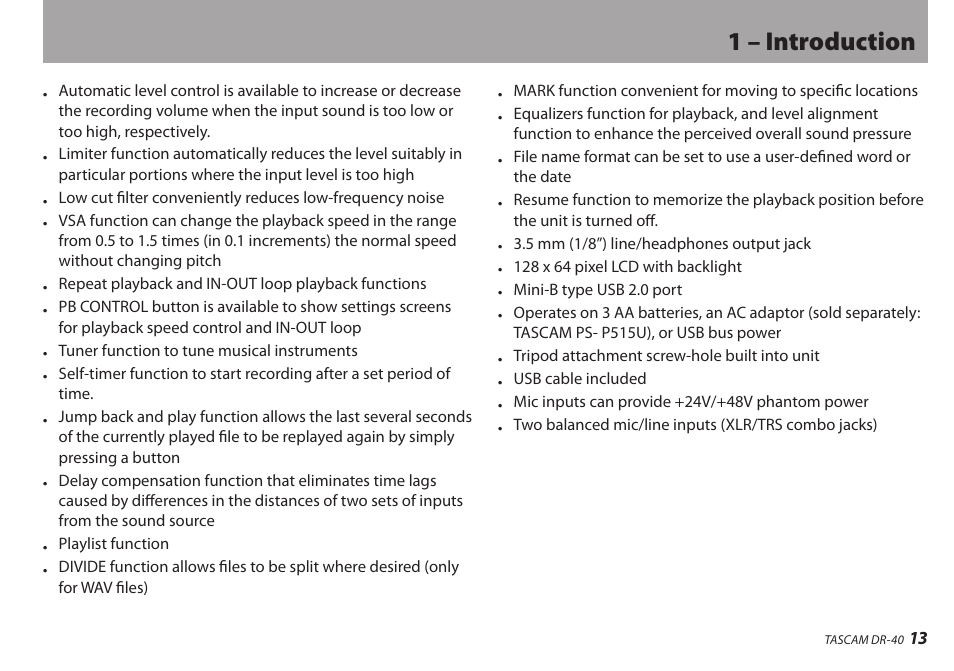 1 – introduction | Teac DR-40 User Manual | Page 13 / 120