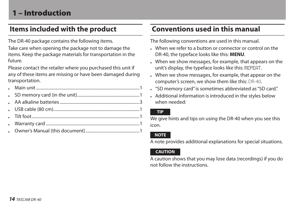 Items included with the product, Conventions used in this manual, 1 – introduction | Teac DR-40 User Manual | Page 14 / 120