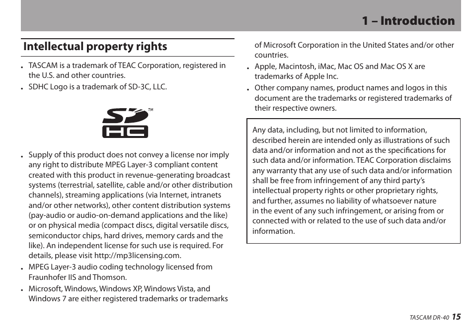 Intellectual property rights, 1 – introduction | Teac DR-40 User Manual | Page 15 / 120