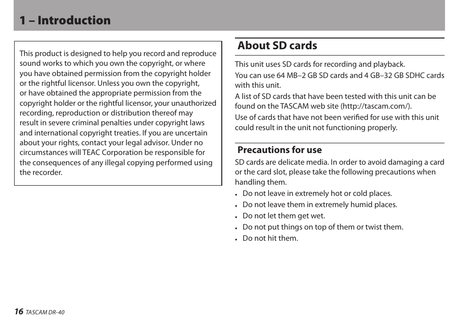 About sd cards, Precautions for use, 1 – introduction | Teac DR-40 User Manual | Page 16 / 120