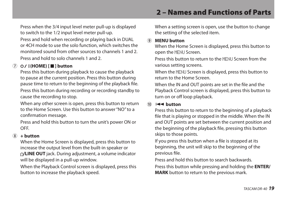 2 – names and functions of parts | Teac DR-40 User Manual | Page 19 / 120