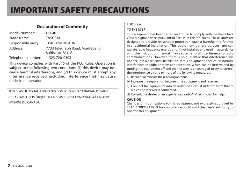 Important safety precautions | Teac DR-40 User Manual | Page 2 / 120