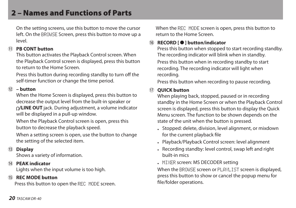 2 – names and functions of parts | Teac DR-40 User Manual | Page 20 / 120