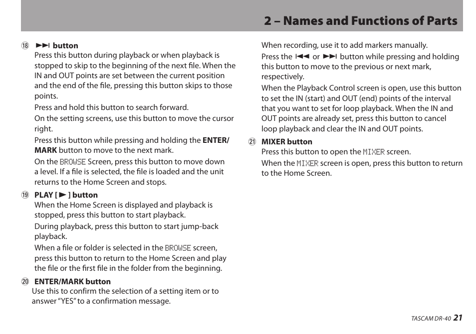 2 – names and functions of parts | Teac DR-40 User Manual | Page 21 / 120