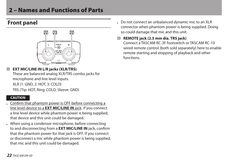 Front panel, 2 – names and functions of parts | Teac DR-40 User Manual | Page 22 / 120