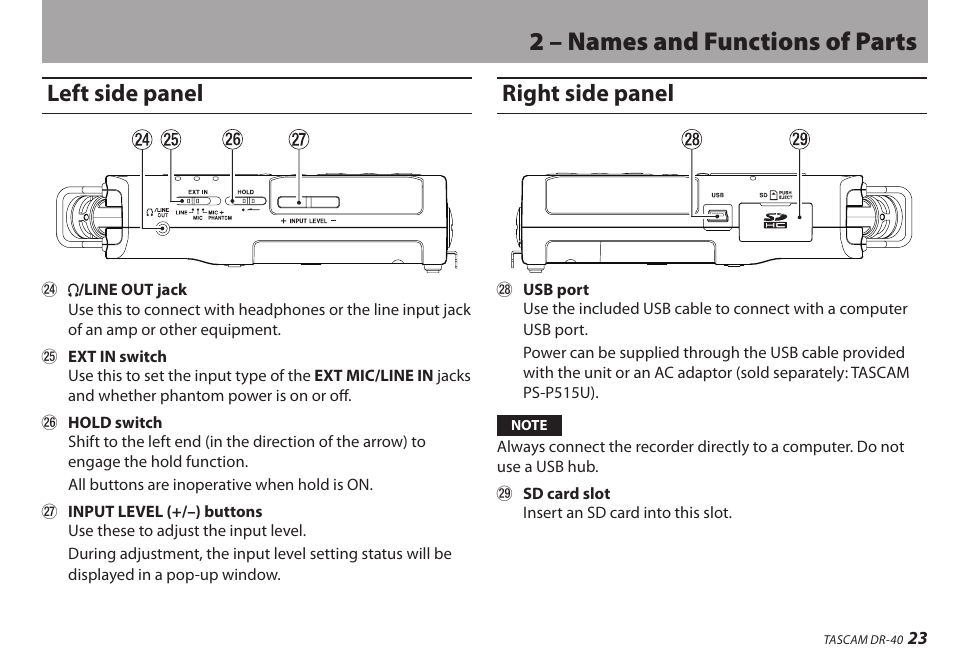 Left side panel, Right side panel, Left side panel right side panel | 2 – names and functions of parts | Teac DR-40 User Manual | Page 23 / 120