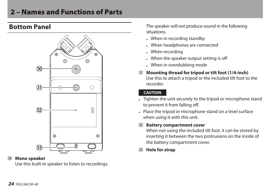 Bottom panel, 2 – names and functions of parts | Teac DR-40 User Manual | Page 24 / 120