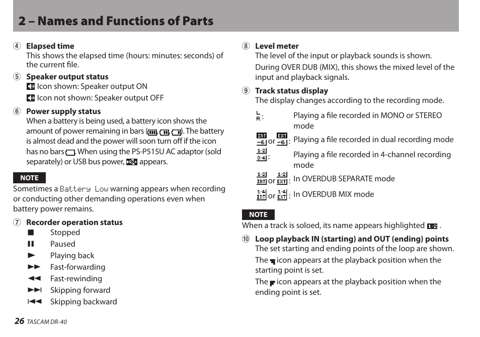 2 – names and functions of parts | Teac DR-40 User Manual | Page 26 / 120