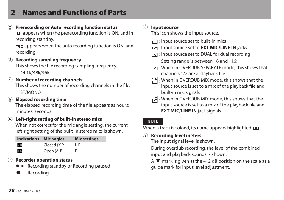 2 – names and functions of parts | Teac DR-40 User Manual | Page 28 / 120