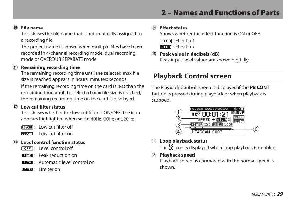 Playback control screen, 2 – names and functions of parts | Teac DR-40 User Manual | Page 29 / 120