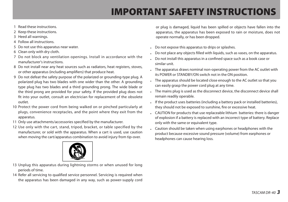 Important safety instructions | Teac DR-40 User Manual | Page 3 / 120