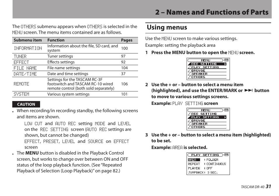 Using menus, 2 – names and functions of parts | Teac DR-40 User Manual | Page 31 / 120