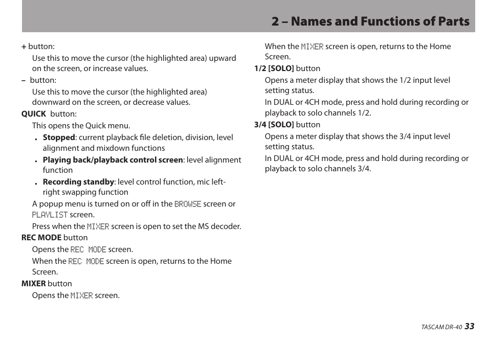 2 – names and functions of parts | Teac DR-40 User Manual | Page 33 / 120