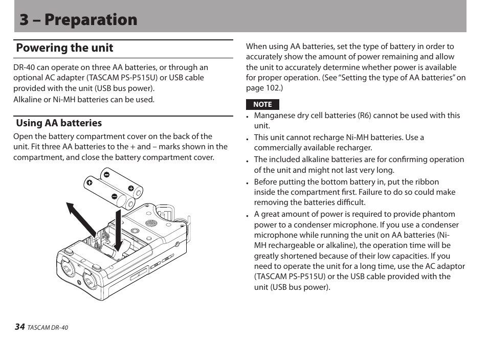 3 – preparation, Powering the unit, Using aa batteries | Teac DR-40 User Manual | Page 34 / 120