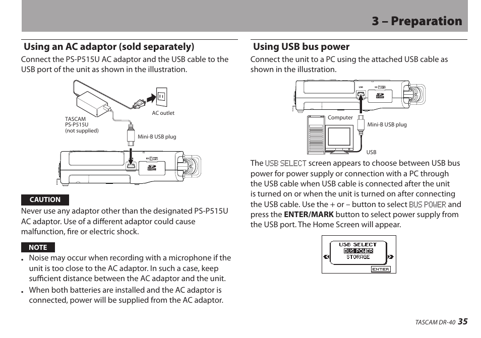 Using an ac adaptor (sold separately), Using usb bus power, 3 – preparation | Teac DR-40 User Manual | Page 35 / 120