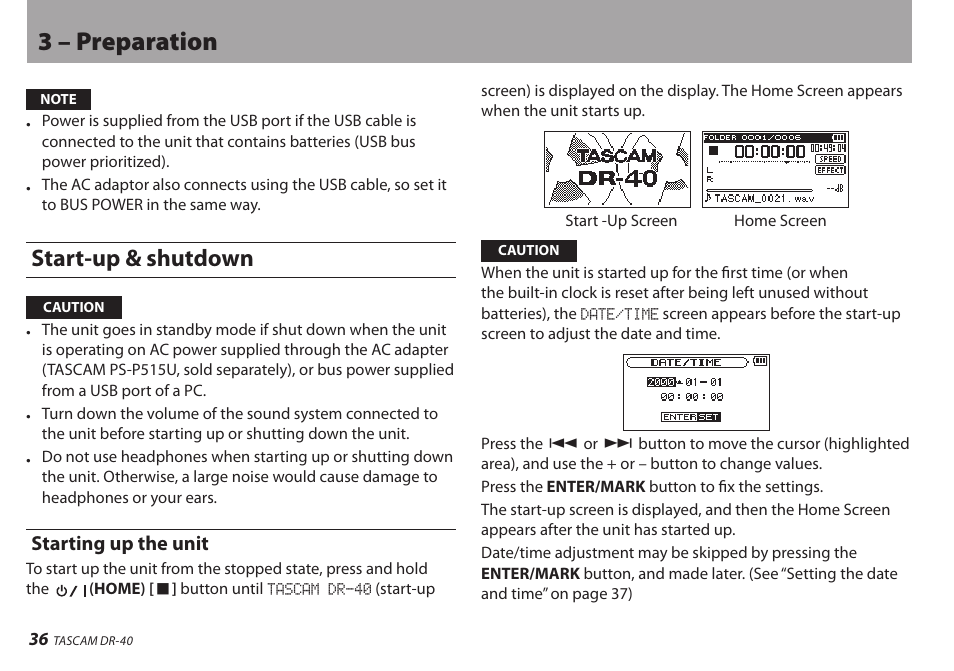 Start-up & shutdown, Starting up the unit, 3 – preparation | Teac DR-40 User Manual | Page 36 / 120