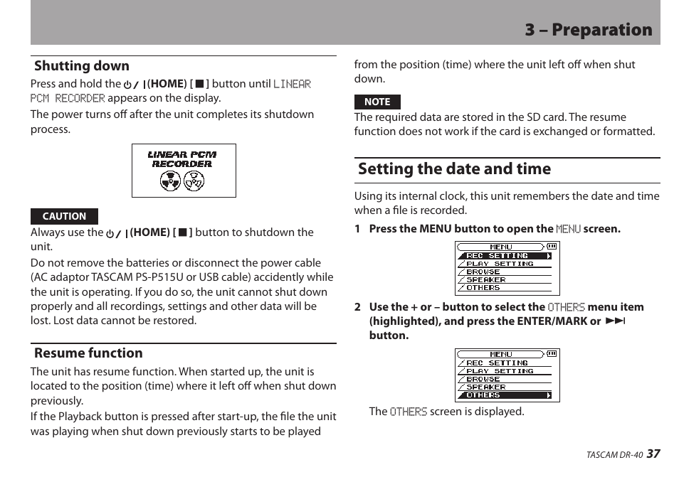 Shutting down, Resume function, Setting the date and time | Shutting down resume function, 3 – preparation | Teac DR-40 User Manual | Page 37 / 120