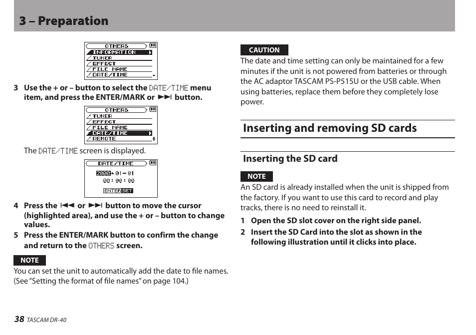 Inserting and removing sd cards, Inserting the sd card, 3 – preparation | Teac DR-40 User Manual | Page 38 / 120