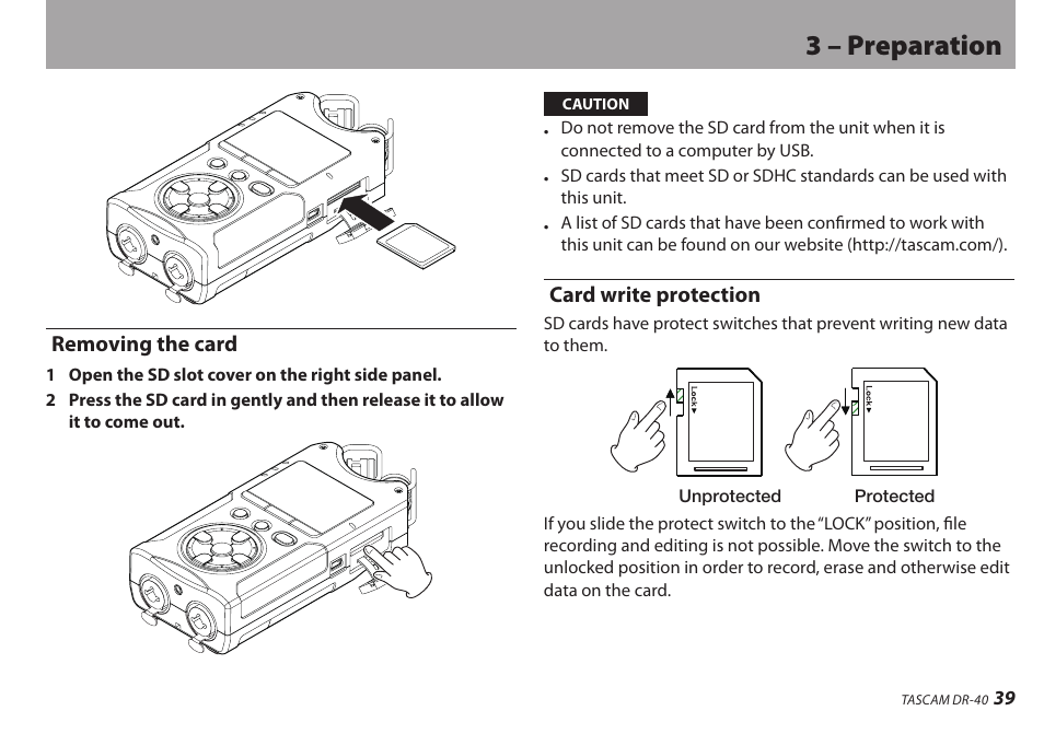 Removing the card, Card write protection, Removing the card card write protection | 3 – preparation | Teac DR-40 User Manual | Page 39 / 120