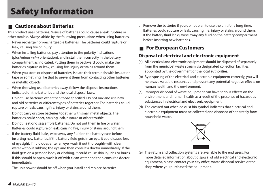 Safety information, Cautions about batteries 8, For european customers 8 | Teac DR-40 User Manual | Page 4 / 120