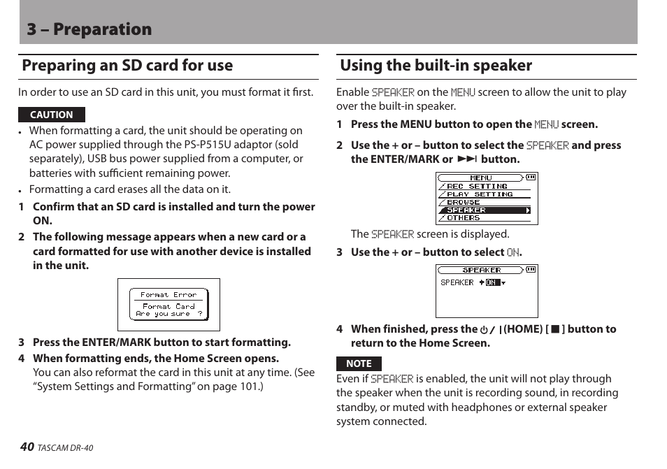 Preparing an sd card for use, Using the built-in speaker, 3 – preparation | Teac DR-40 User Manual | Page 40 / 120