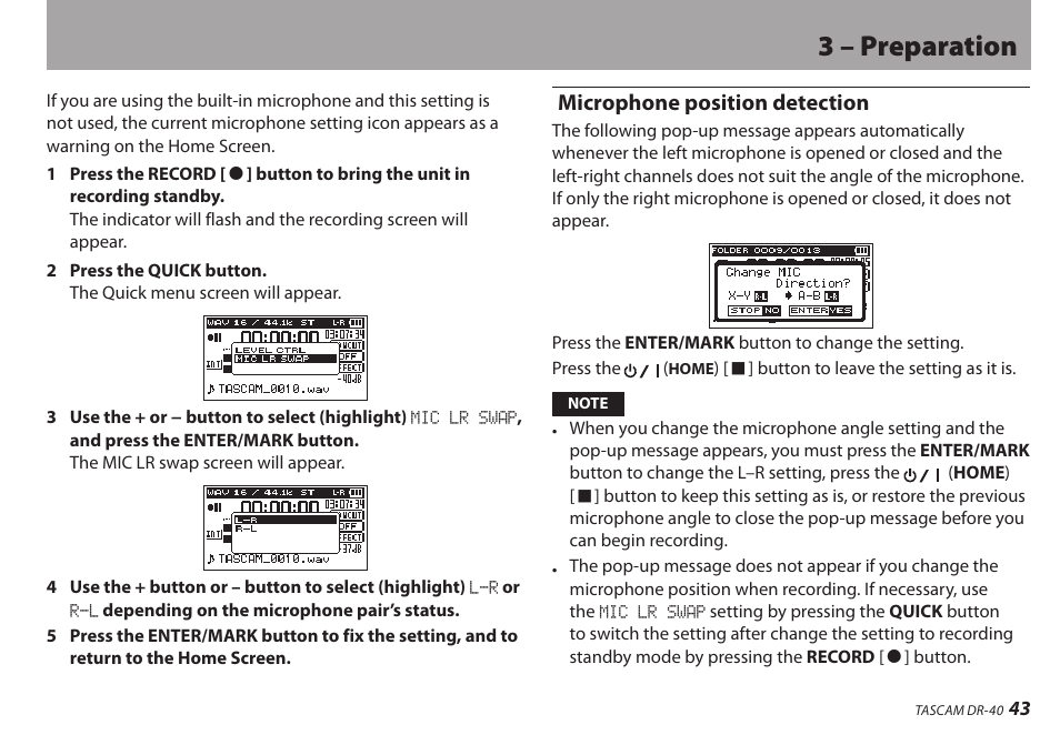 Microphone position detection, 3 – preparation | Teac DR-40 User Manual | Page 43 / 120