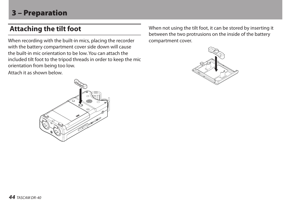 Attaching the tilt foot, 3 – preparation | Teac DR-40 User Manual | Page 44 / 120