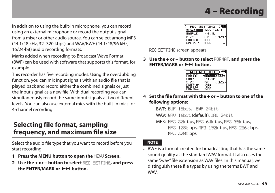 4 – recording | Teac DR-40 User Manual | Page 45 / 120