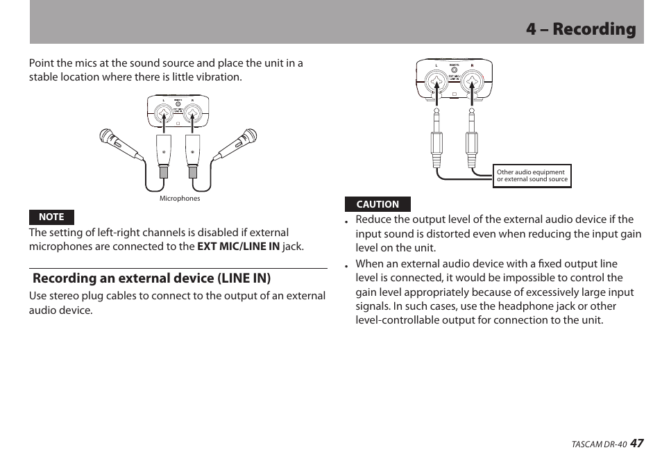 Recording an external device (line in), 4 – recording | Teac DR-40 User Manual | Page 47 / 120