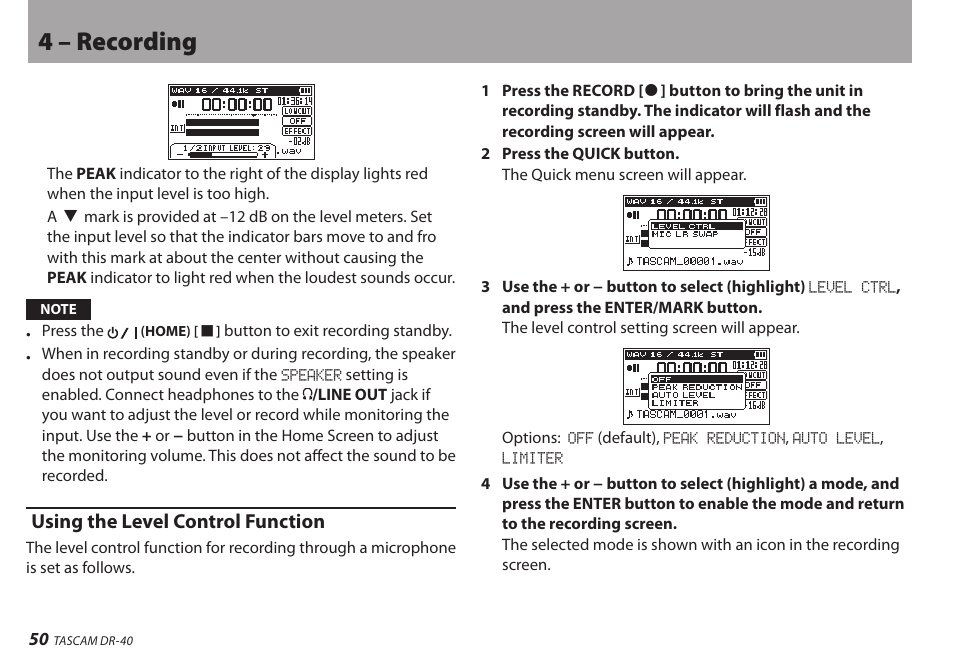 Using the level control function, 4 – recording | Teac DR-40 User Manual | Page 50 / 120