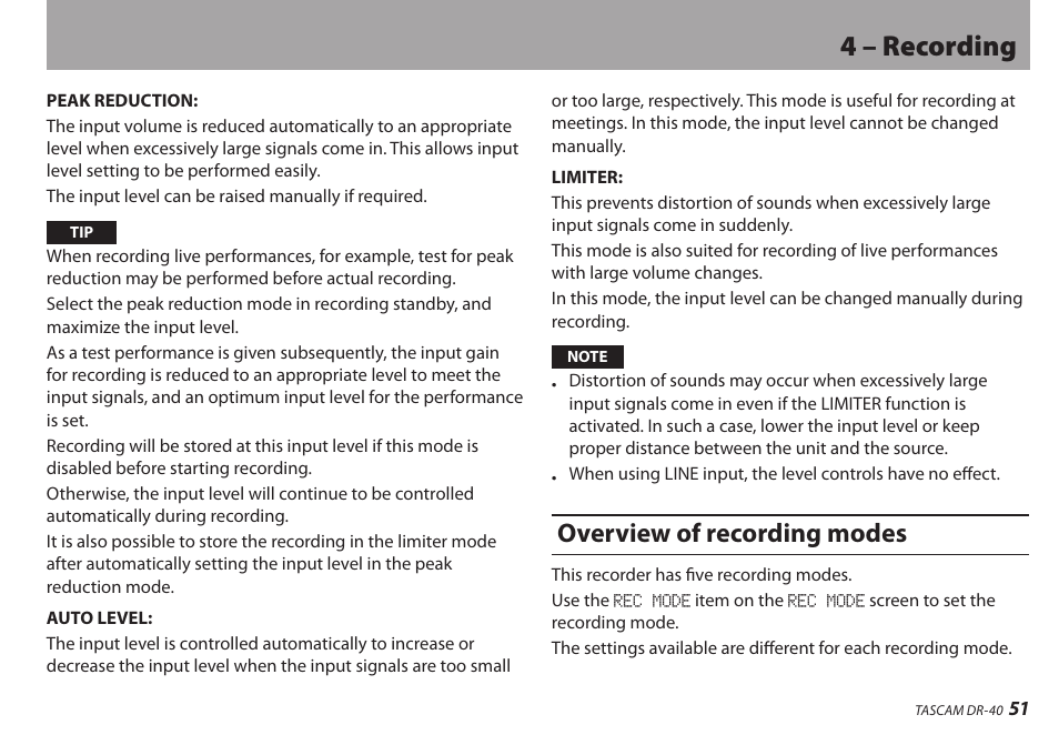 Overview of recording modes, 4 – recording | Teac DR-40 User Manual | Page 51 / 120