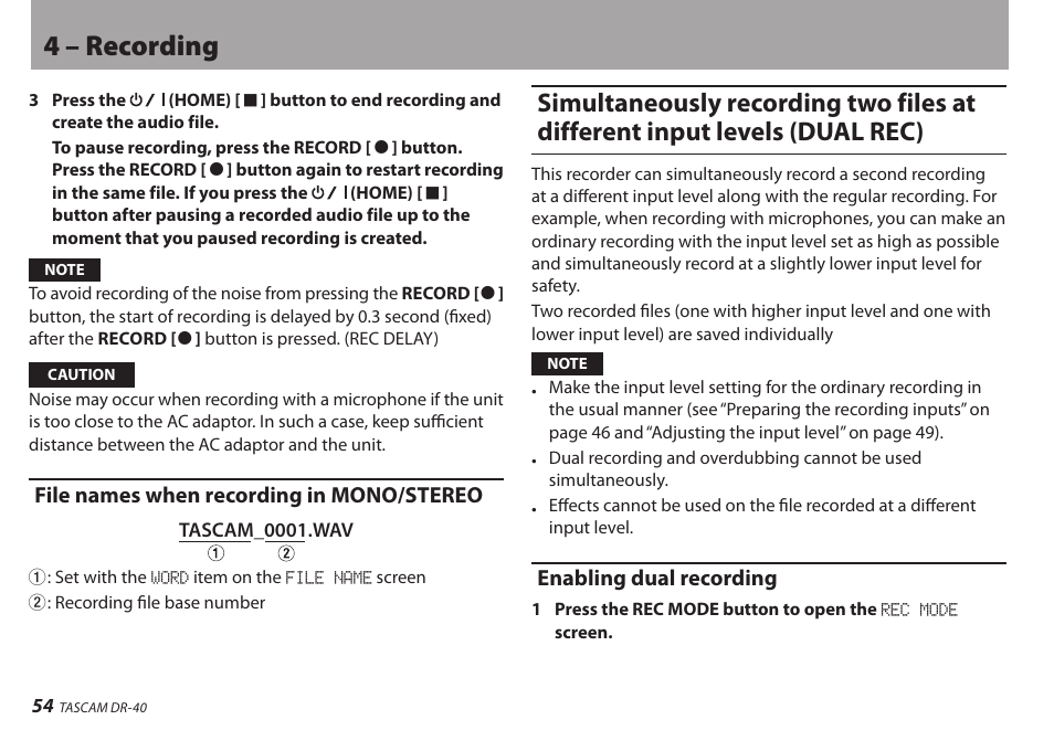 File names when recording in mono/stereo, Enabling dual recording, 4 – recording | Teac DR-40 User Manual | Page 54 / 120