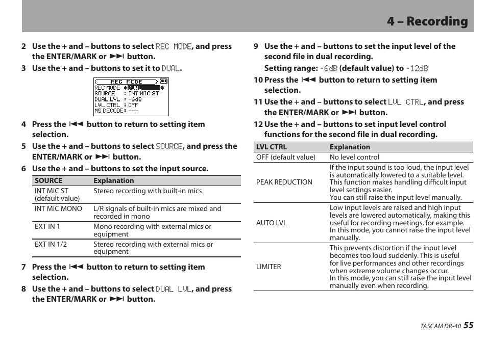 4 – recording | Teac DR-40 User Manual | Page 55 / 120