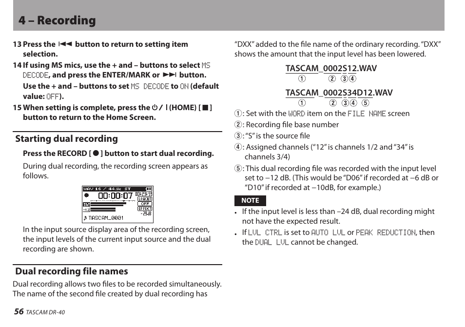 Starting dual recording, Dual recording file names, 4 – recording | Teac DR-40 User Manual | Page 56 / 120