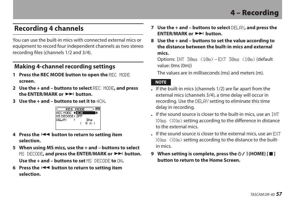 Recording 4 channels, Making 4-channel recording settings, 4 – recording | Teac DR-40 User Manual | Page 57 / 120