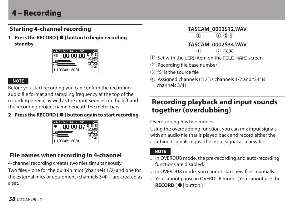 Starting 4-channel recording, File names when recording in 4-channel, 4 – recording | Teac DR-40 User Manual | Page 58 / 120