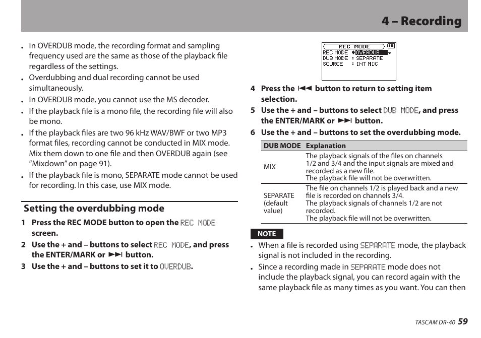 Setting the overdubbing mode, 4 – recording | Teac DR-40 User Manual | Page 59 / 120