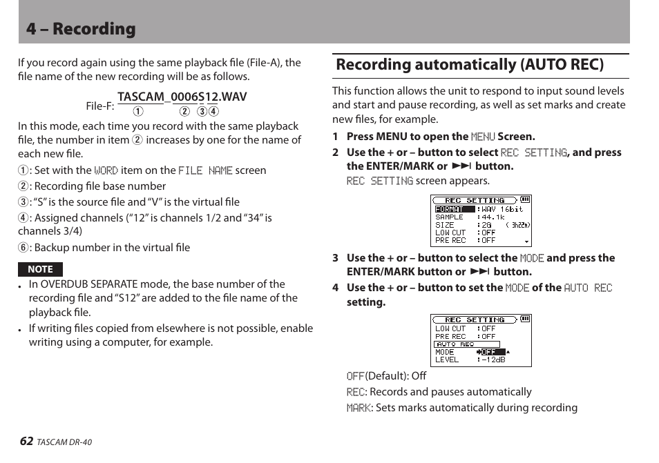 Recording automatically (auto rec), 4 – recording | Teac DR-40 User Manual | Page 62 / 120