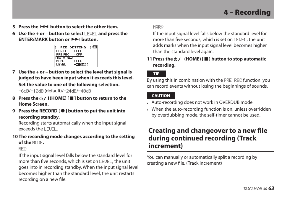 4 – recording | Teac DR-40 User Manual | Page 63 / 120